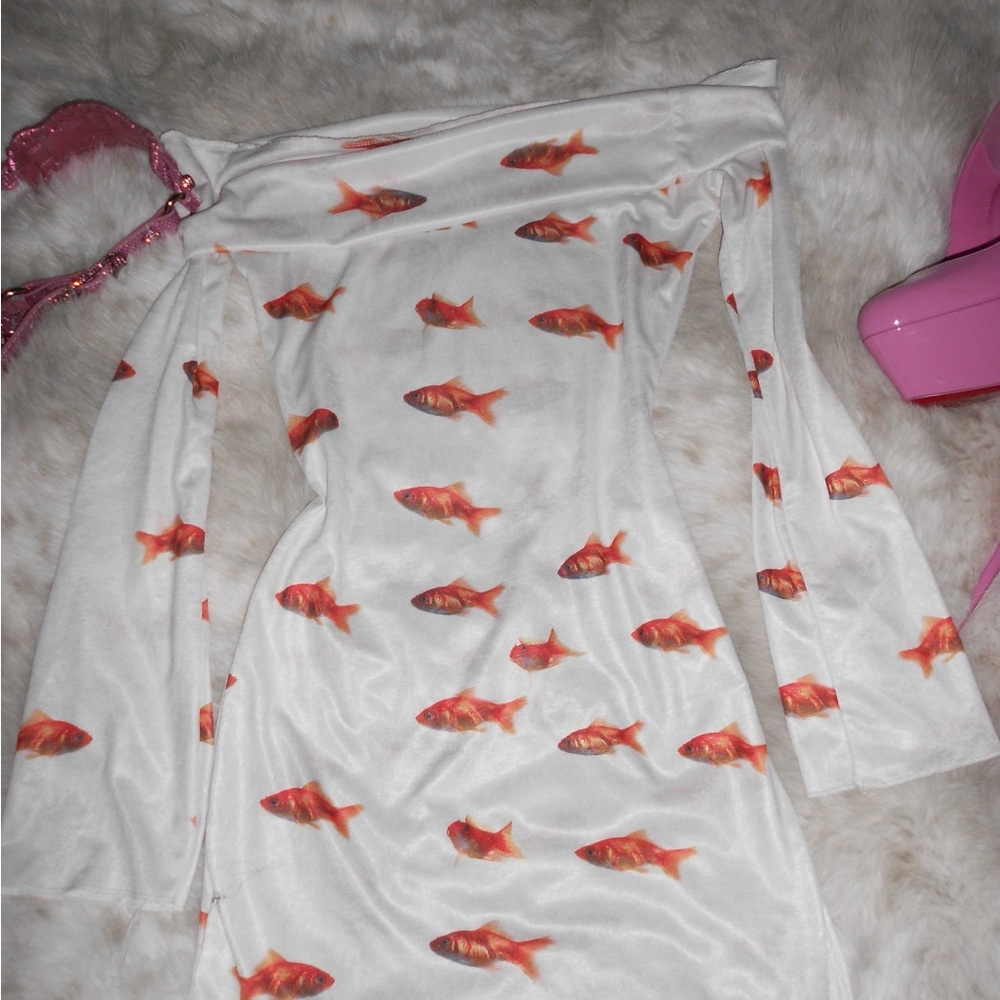 GoldFish Print White Long sleeve mini Dress